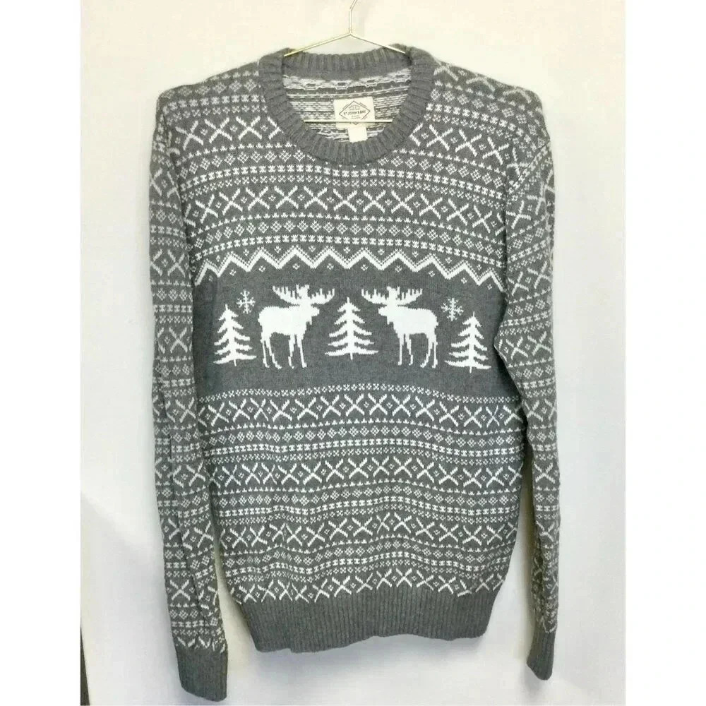 Vintage St. John’s Bay Mens Gray White Knit Christmas Reindeer Sweater Medium